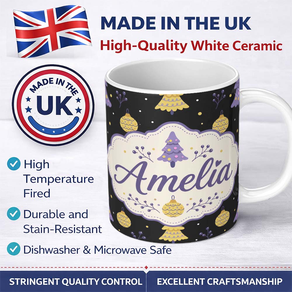 Personalized Custom Name Cute Purple Christmas Tree with Baubles and Ornaments Dark Lovely 11oz Ceramic Coffee Tea Mug White Large Handle