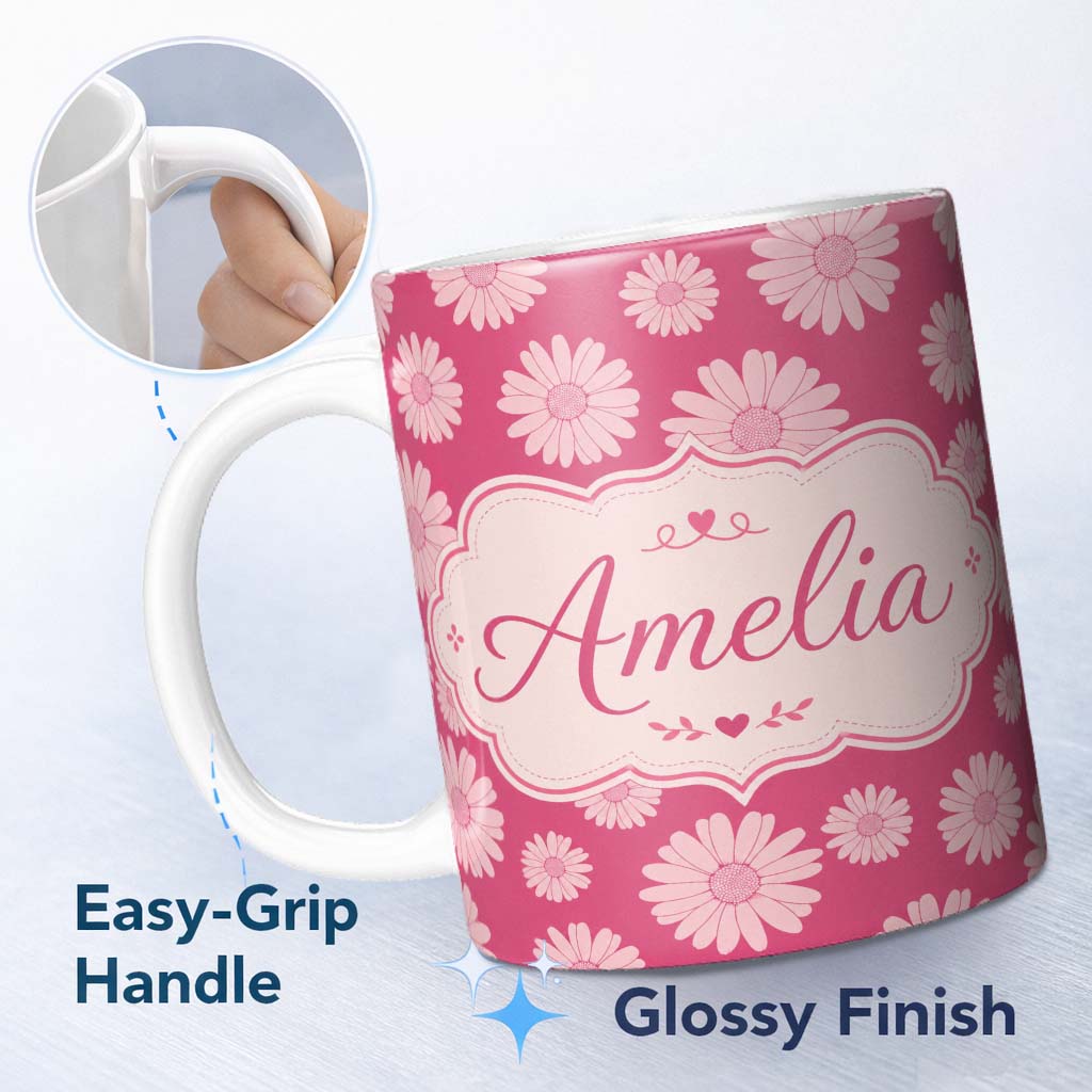 Personalized Custom Name White Daisy Floral Pattern on Bright Pink Background Seamless Lovely 11oz Ceramic Coffee Tea Mug White Large Handle