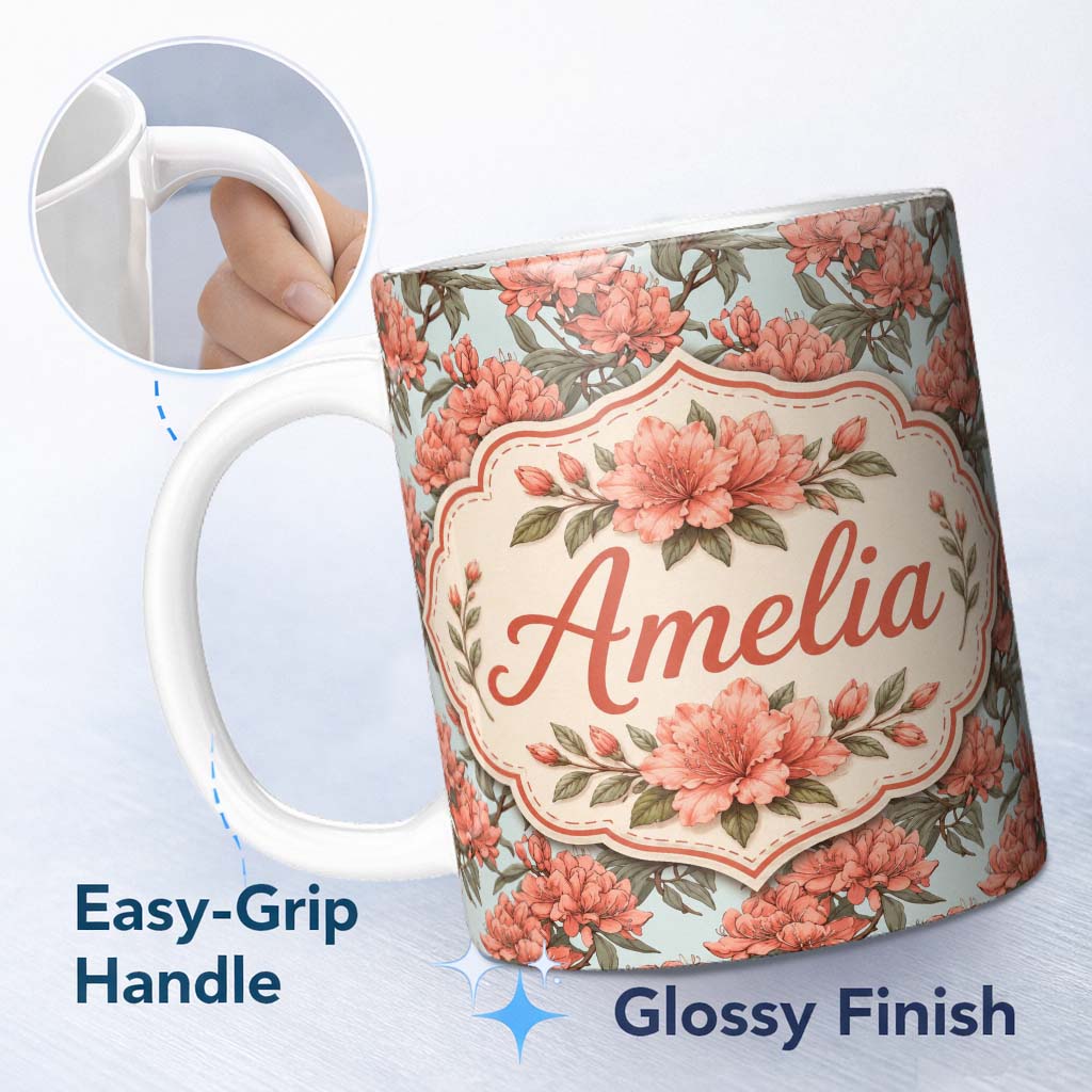 Personalized Custom Name Coral Branch Floral on Soft Blue Background Seamless Pattern Lovely 11oz Ceramic Coffee Tea Mug White Large Handle