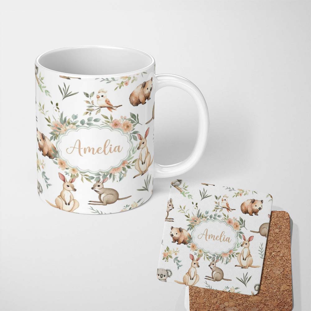 Personalized Custom Name Woodland Animals Koala Kangaroo Bear Floral Light Grey Seamless 11oz Ceramic Coffee Tea Mug White Large Handle