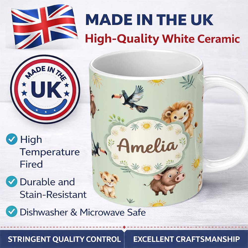 Personalized Custom Name Jungle Animals Lion Meerkat Toucan Boar on Sage Green Seamless 11oz Ceramic Coffee Tea Mug White Large Handle