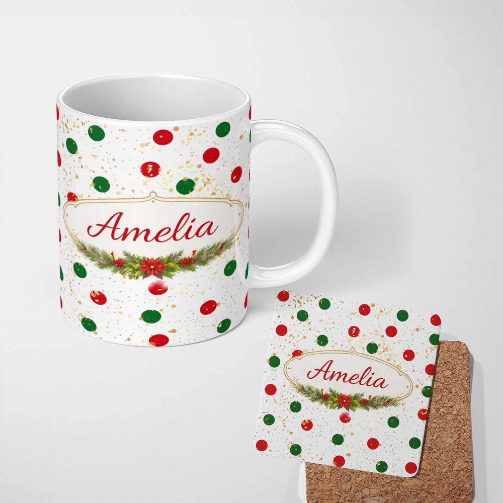 Personalized Custom Name Red and Green Polka Dots with Gold Splatter Seamless Pattern Lovely 11oz Ceramic Coffee Tea Mug White Large Handle