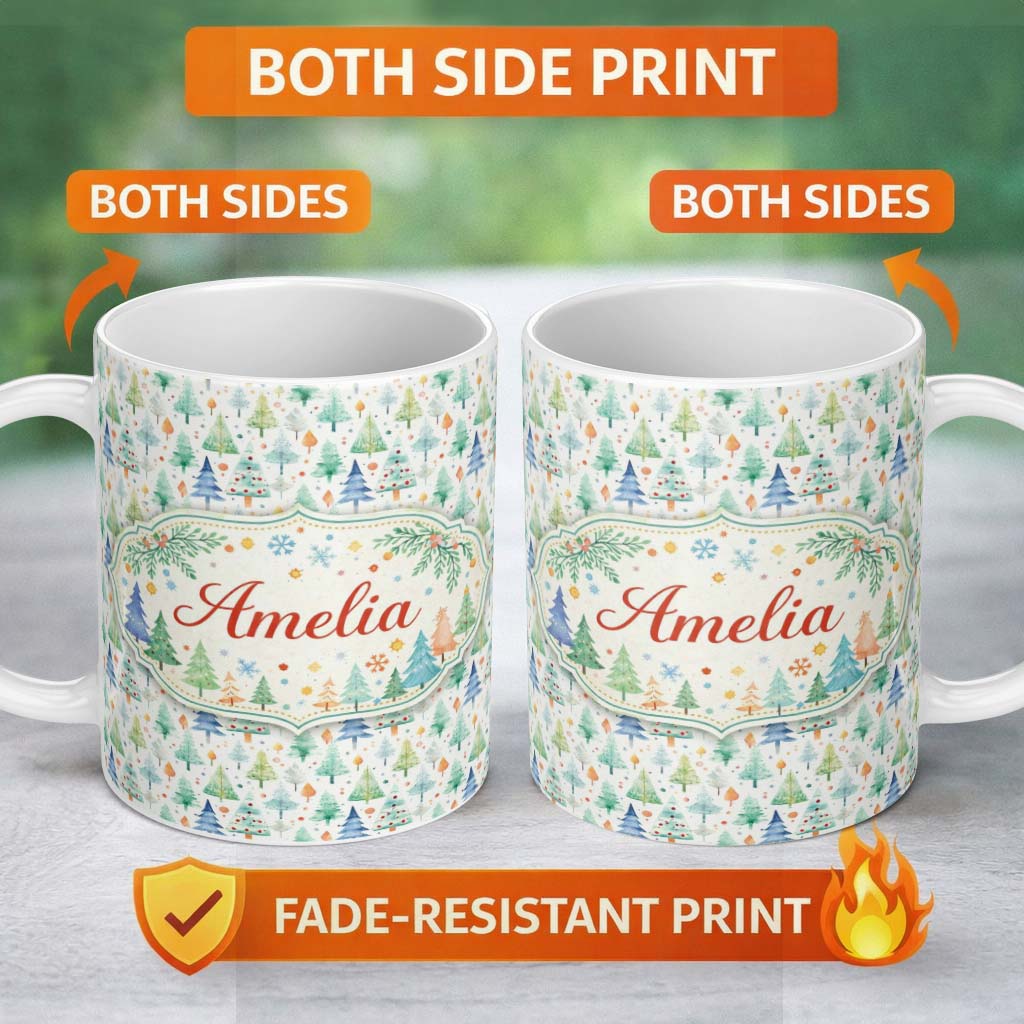 Personalized Custom Name Watercolor Christmas Tree Pastel Forest Seamless Pattern Lovely 11oz Ceramic Coffee Tea Mug White Large Handle