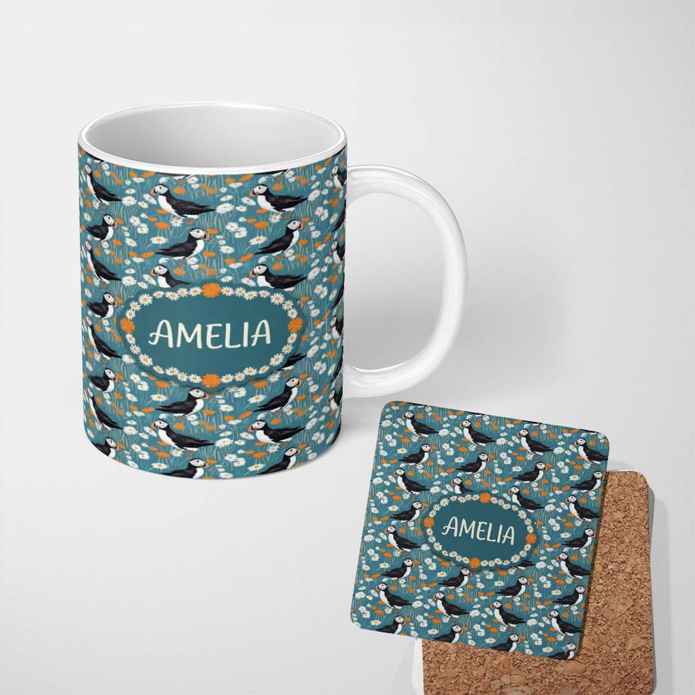 Personalized Custom Name Colorful Puffin Bird and Wildflower Meadow Seamless Pattern Lovely 11oz Ceramic Coffee Tea Mug White Large Handle