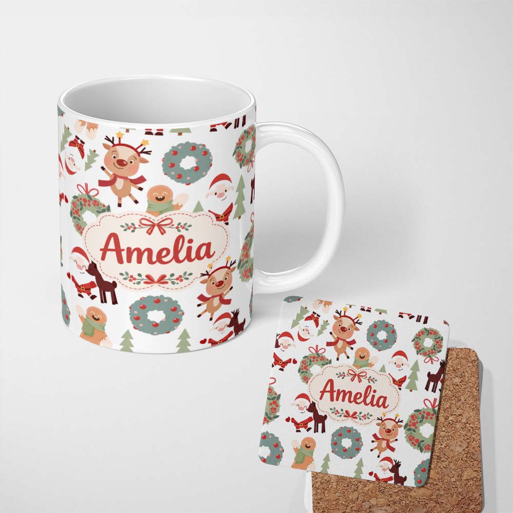 Personalized Custom Name Cute Santa Reindeer Gingerbread Wreath Seamless Pattern Lovely 11oz Ceramic Coffee Tea Mug White Large Handle
