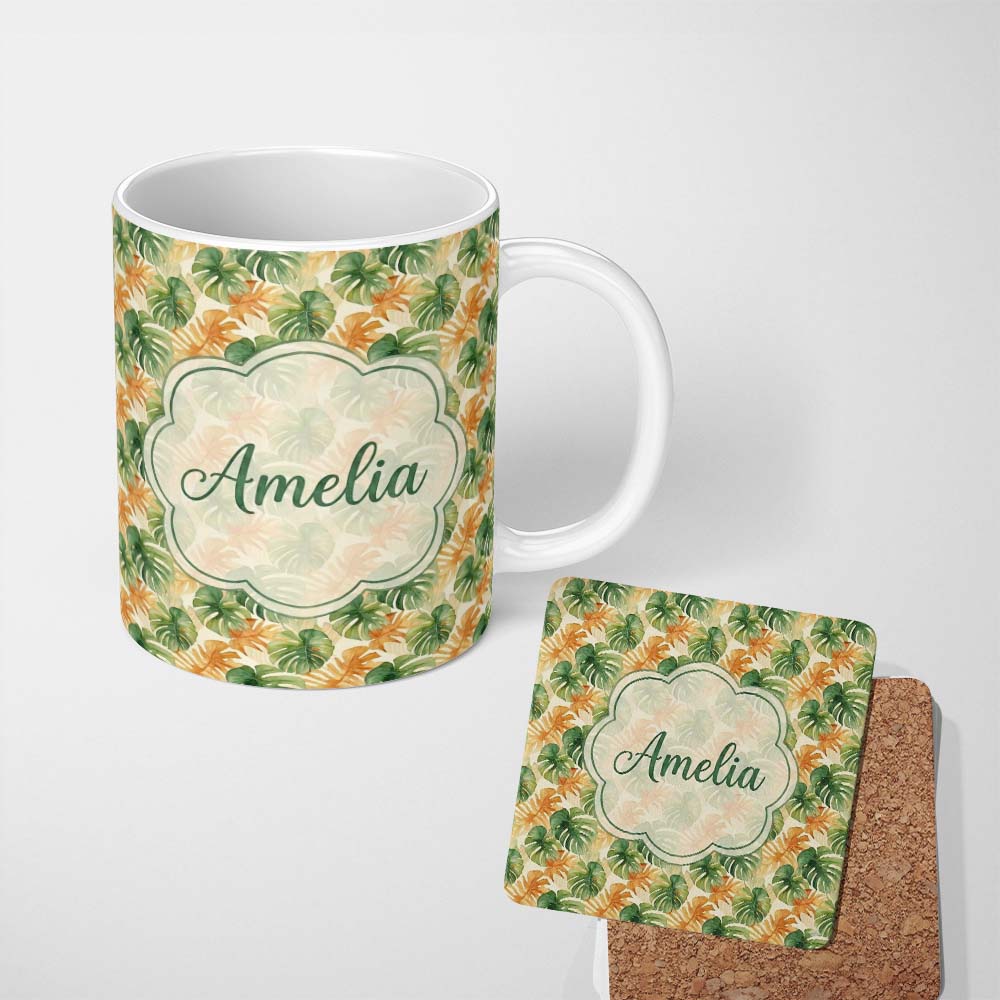 Personalized Custom Name Green and Warm Orange Tropical Monstera Leaves Seamless Pattern 11oz Ceramic Coffee Tea Mug White Large Handle