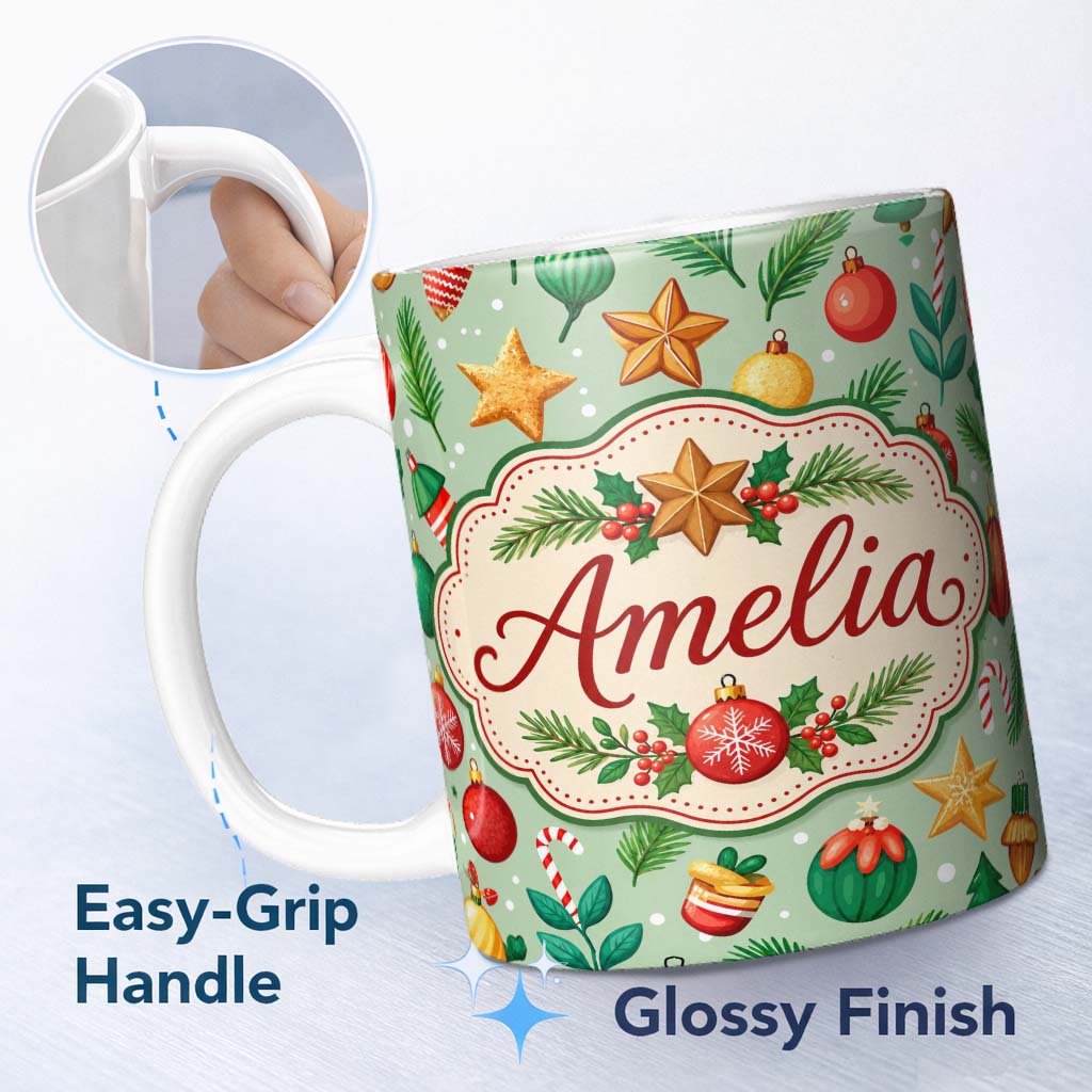Personalized Custom Name Colorful Christmas Baubles Stars Pine Branches Festive Seamless 11oz Ceramic Coffee Tea Mug White Large Handle