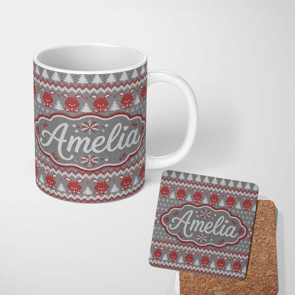 Personalized Custom Name Cute Christmas Bunny Hearts and Trees Knitted Style Seamless Pattern 11oz Ceramic Coffee Tea Mug White Large Handle