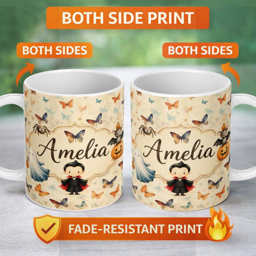Personalized Custom Name Vintage Style Butterflies with Soft Pastel Texture Seamless Pattern 11oz Ceramic Coffee Tea Mug White Large Handle