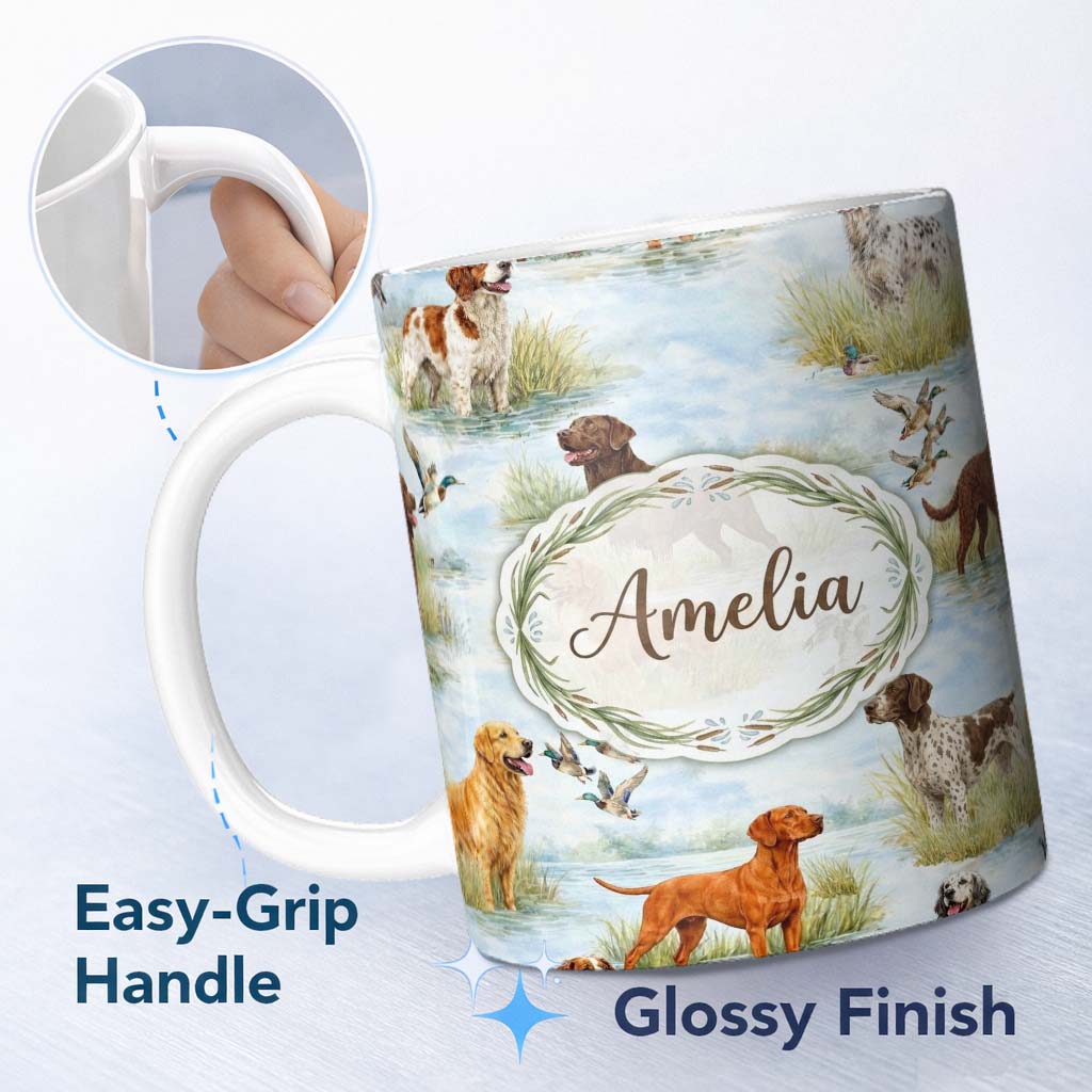 Personalized Custom Name Watercolor Hunting Dogs Ducks Lake Nature Seamless Pattern Lovely 11oz Ceramic Coffee Tea Mug White Large Handle