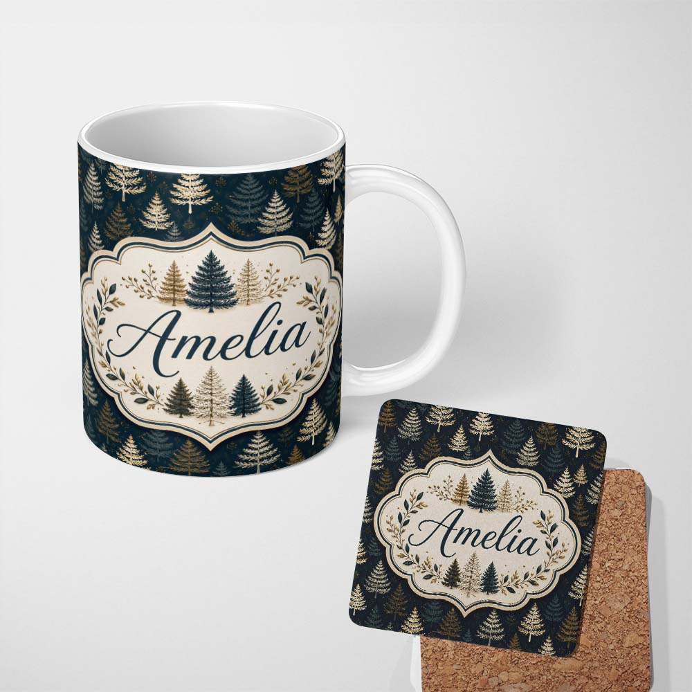 Personalized Custom Name Elegant Pine Tree Forest Dark Blue Winter Seamless Pattern Lovely 11oz Ceramic Coffee Tea Mug White Large Handle