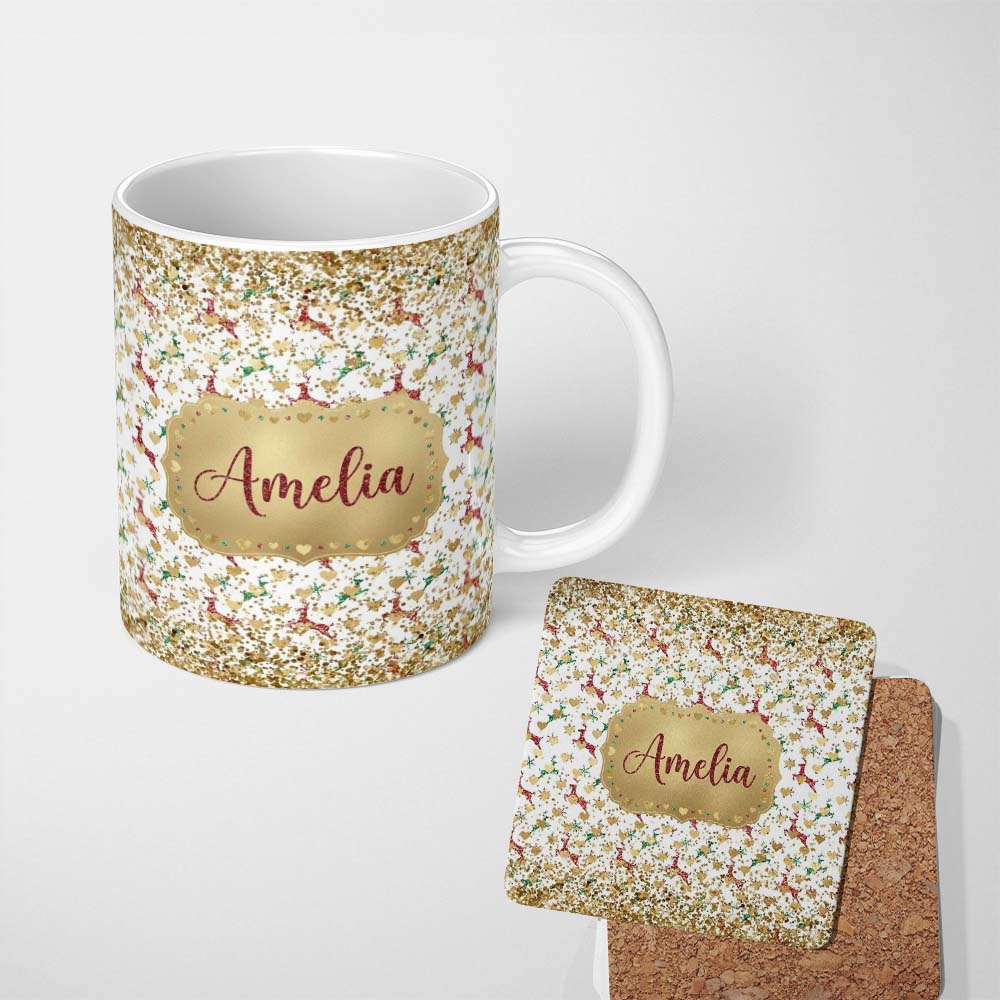 Personalized Custom Name Gold Reindeer Heart Confetti Seamless Pattern Design Christmas 11oz Ceramic Coffee Tea Mug White Large Handle