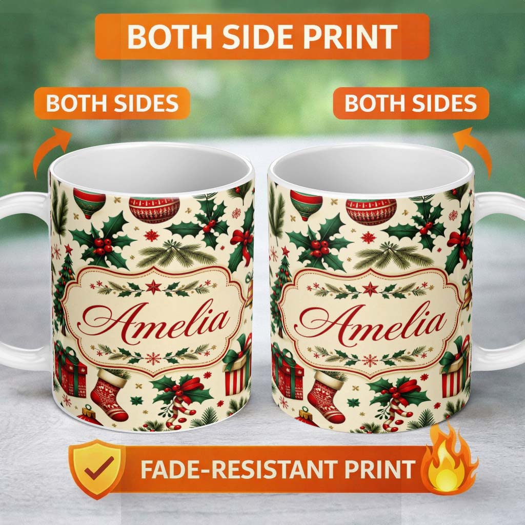 Personalized Custom Name Festive Christmas Gifts Stockings Holly Leaves Bells Seamless Lovely 11oz Ceramic Coffee Tea Mug White Large Handle