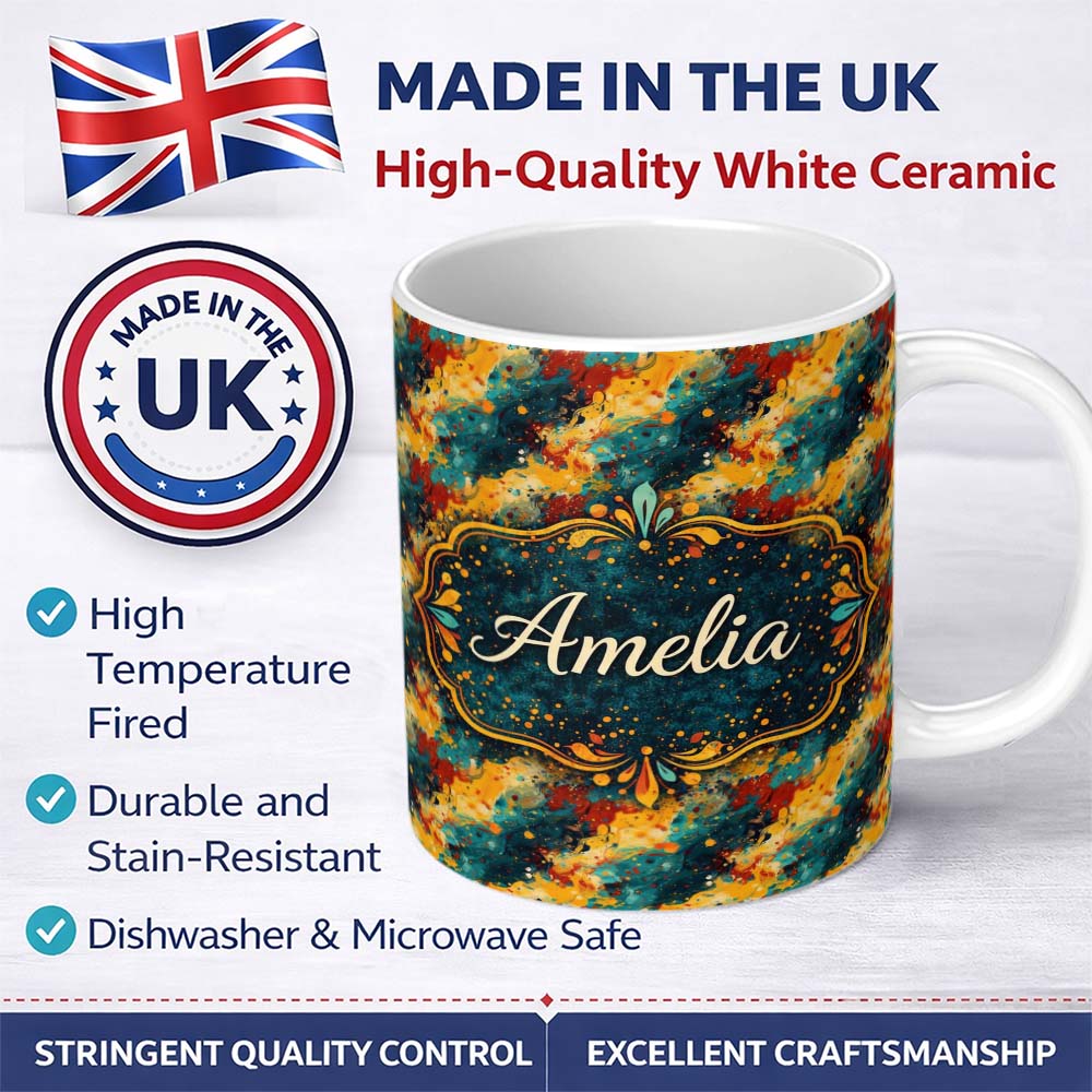 Personalized Custom Name Bold Abstract Paint Splash Teal Mustard Red Flow Pattern Lovely 11oz Ceramic Coffee Tea Mug White Large Handle