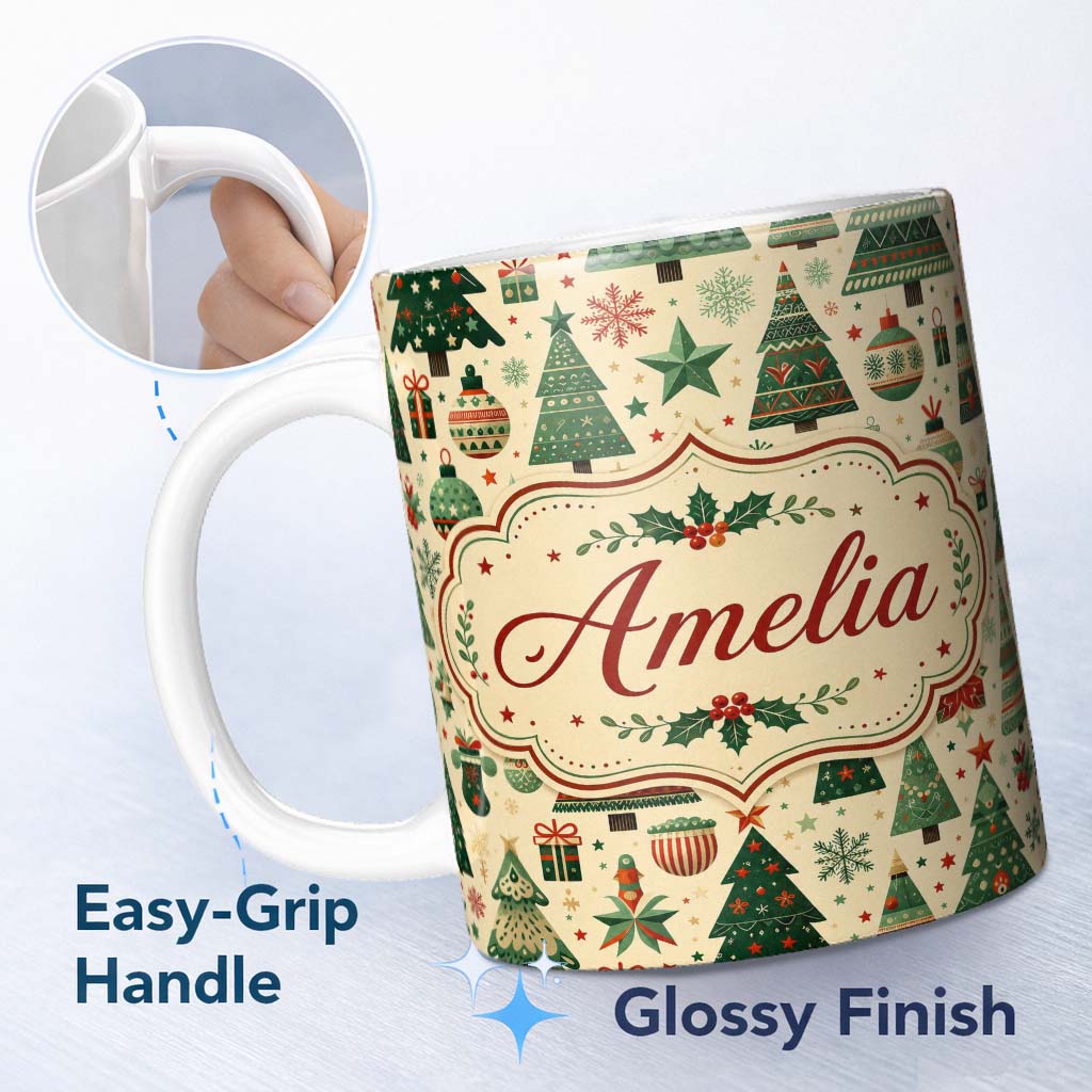 Personalized Custom Name Scandinavian Christmas Trees Ornaments Nordic Style Seamless Pattern 11oz Ceramic Coffee Tea Mug White Large Handle