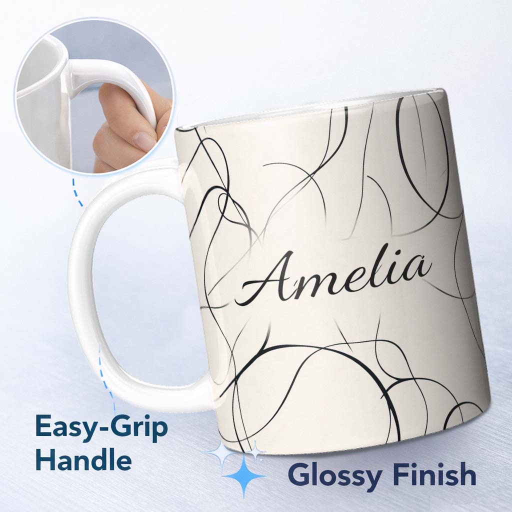 Personalized Custom Name Continuous Line Art Black Cream Minimal Abstract Pattern Lovely 11oz Ceramic Coffee Tea Mug White Large Handle