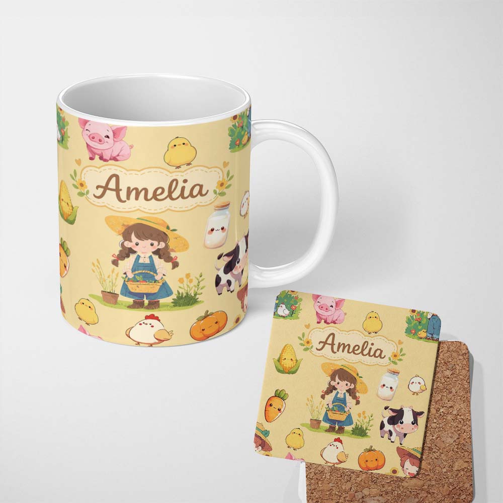 Personalized Custom Name Cute Farm Girl Pig Cow Chicken Corn Milk Yellow Background Seamless 11oz Ceramic Coffee Tea Mug White Large Handle