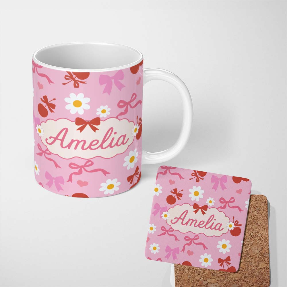 Personalized Custom Name Cute Cherry Bow Daisy Heart with White Daisies on Grey Background 11oz Ceramic Coffee Tea Mug White Large Handle