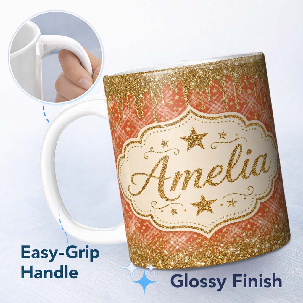 Personalized Custom Name Gold Glitter Drip Plaid Star Seamless Pattern Design Sparkle Lovely 11oz Ceramic Coffee Tea Mug White Large Handle