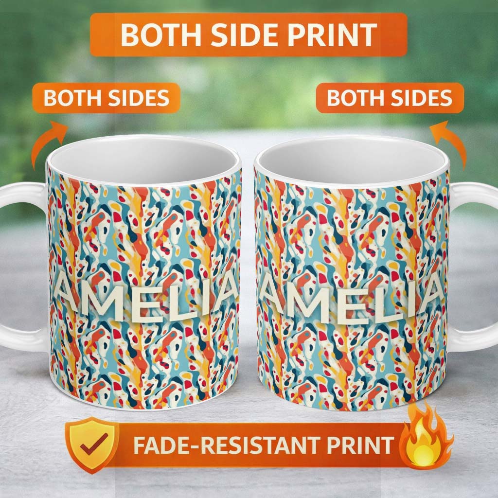 Personalized Custom Name Abstract Organic Shapes Pattern Modern Seamless Artistic Design 11oz Ceramic Coffee Tea Mug White Large Handle