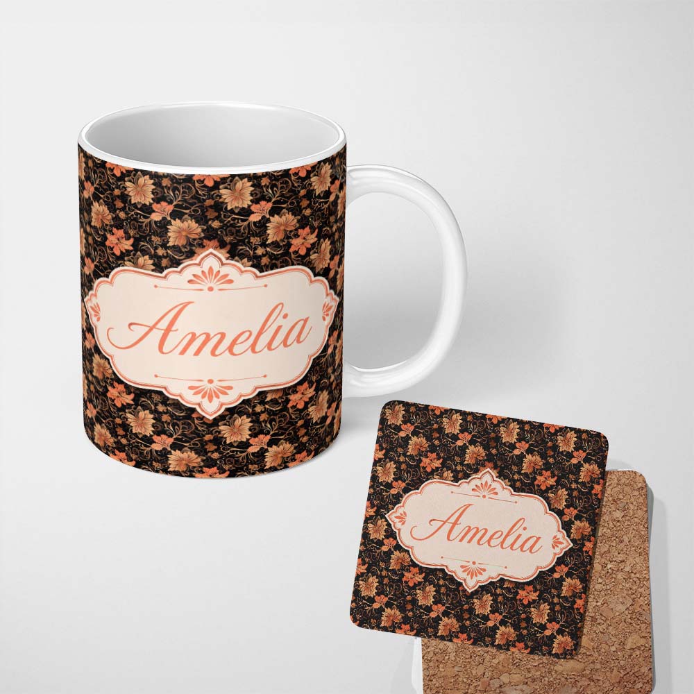 Personalized Custom Name Vintage Floral Vine in Warm Peach and Black Elegant Botanical Design 11oz Ceramic Coffee Tea Mug White Large Handle