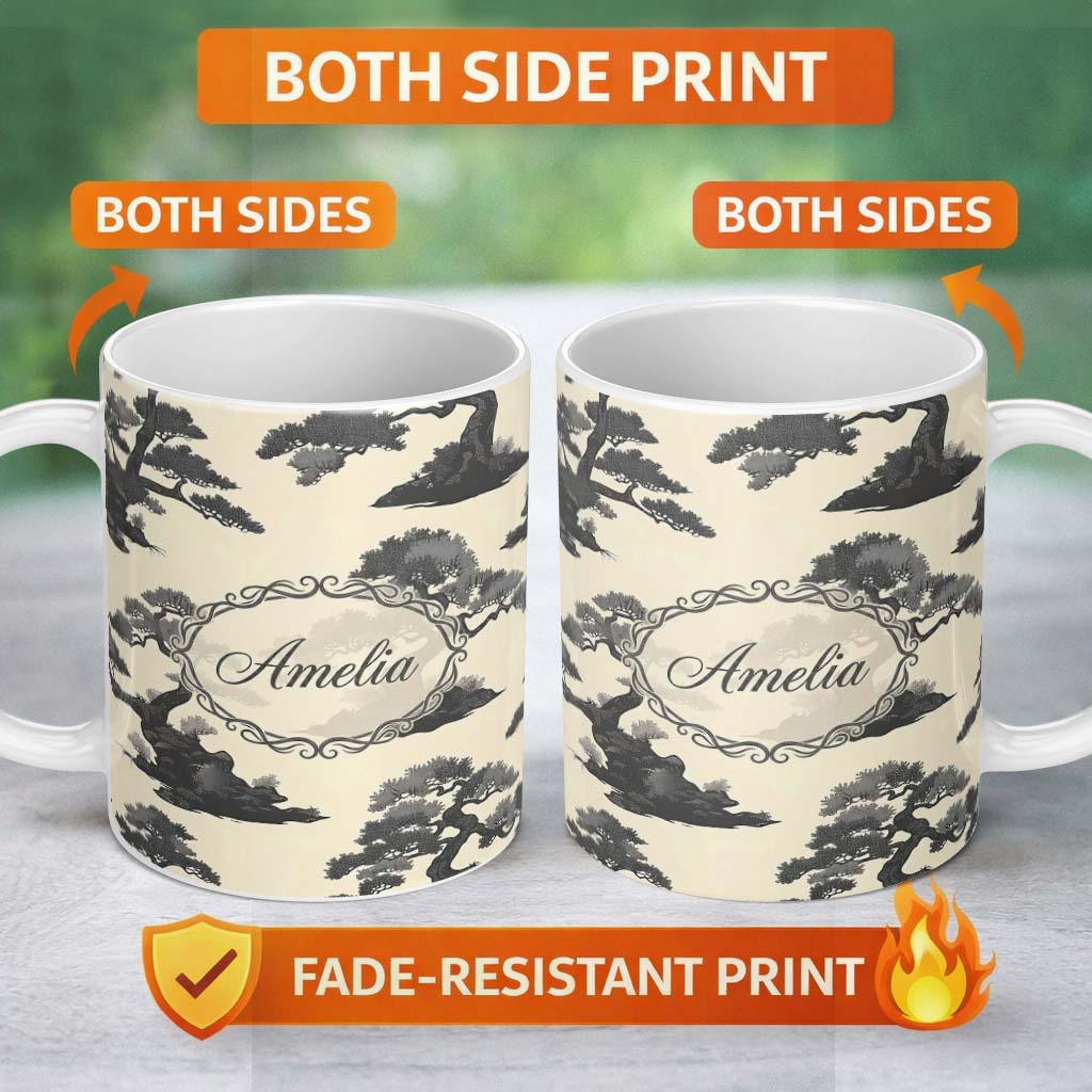 Personalized Custom Name Elegant Bonsai Trees on Neutral Background Pattern Asian Botanical 11oz Ceramic Coffee Tea Mug White Large Handle