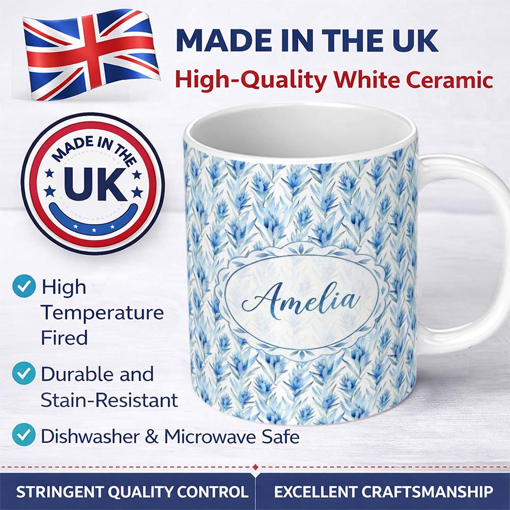 Personalized Custom Name Soft Blue Botanical Watercolor Leaf Seamless Pattern Lovely 11oz Ceramic Coffee Tea Mug White Large Handle