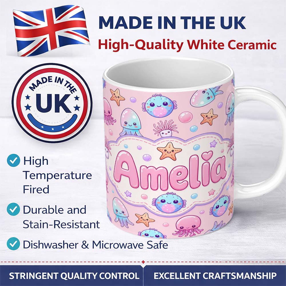 Personalized Custom Name Jellyfish Starfish and Cute Sea Creatures Soft Blush Pink Background 11oz Ceramic Coffee Tea Mug White Large Handle