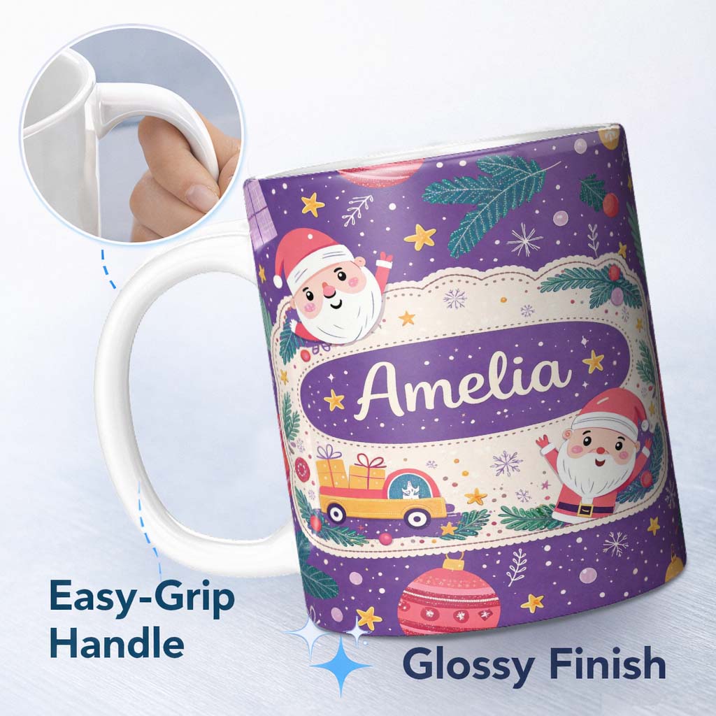 Personalized Custom Name Santa Sleigh Gifts Purple Christmas Festive Seamless Pattern Lovely 11oz Ceramic Coffee Tea Mug White Large Handle