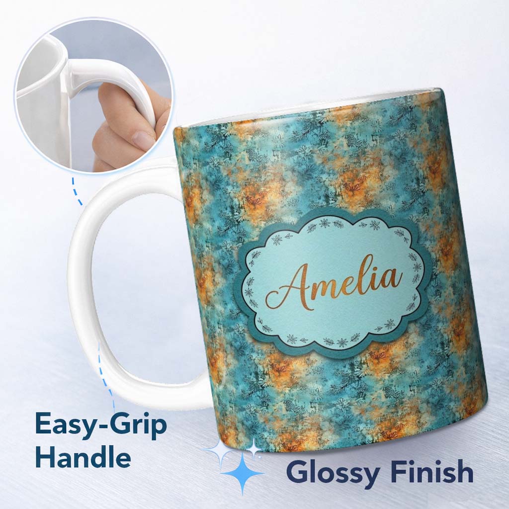Personalized Custom Name Teal Orange Grunge Floral Texture Seamless Pattern Cute Unique Gift 11oz Ceramic Coffee Tea Mug White Large Handle