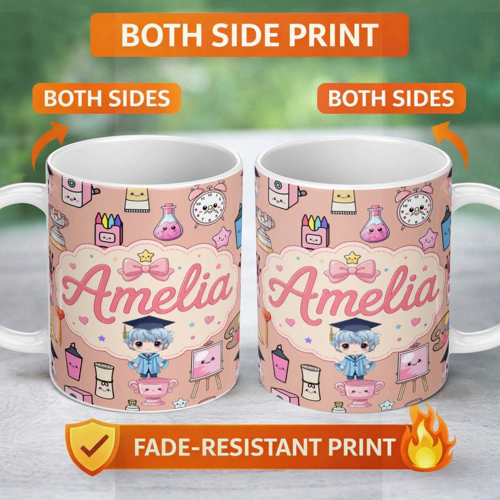 Personalized Custom Name Cute Kawaii Graduate Boy Science Art Supplies Seamless Pattern Peach 11oz Ceramic Coffee Tea Mug White Large Handle