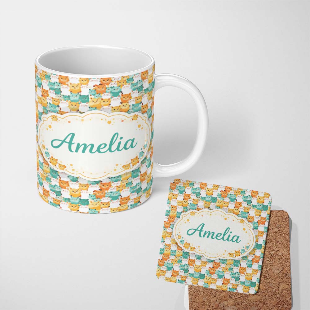 Personalized Custom Name Colorful Hamster Crowd Cartoon Seamless Pattern Perfect Gift for Her 11oz Ceramic Coffee Tea Mug White Large Handle