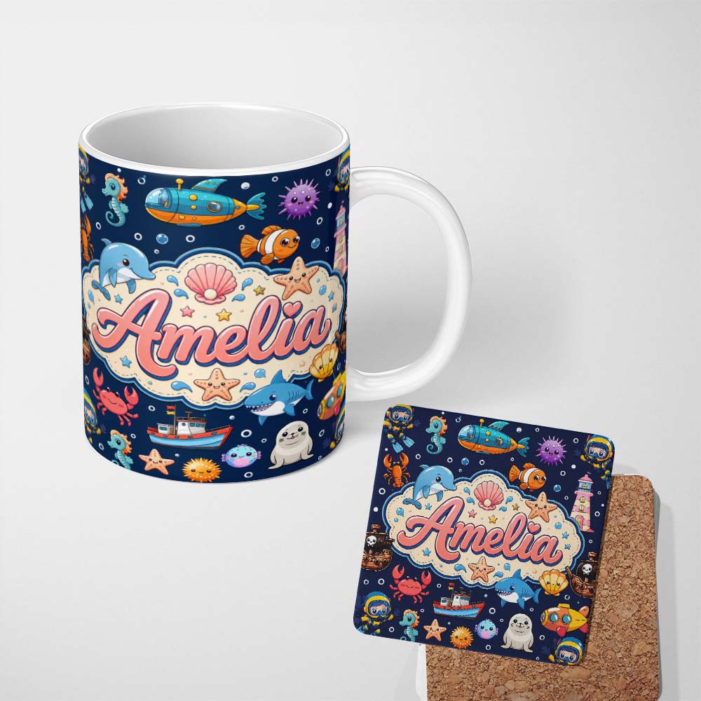 Personalized Custom Name Cartoon Sea Animals Diver Dolphin Shark Crab Boat Navy Blue Bubble 11oz Ceramic Coffee Tea Mug White Large Handle