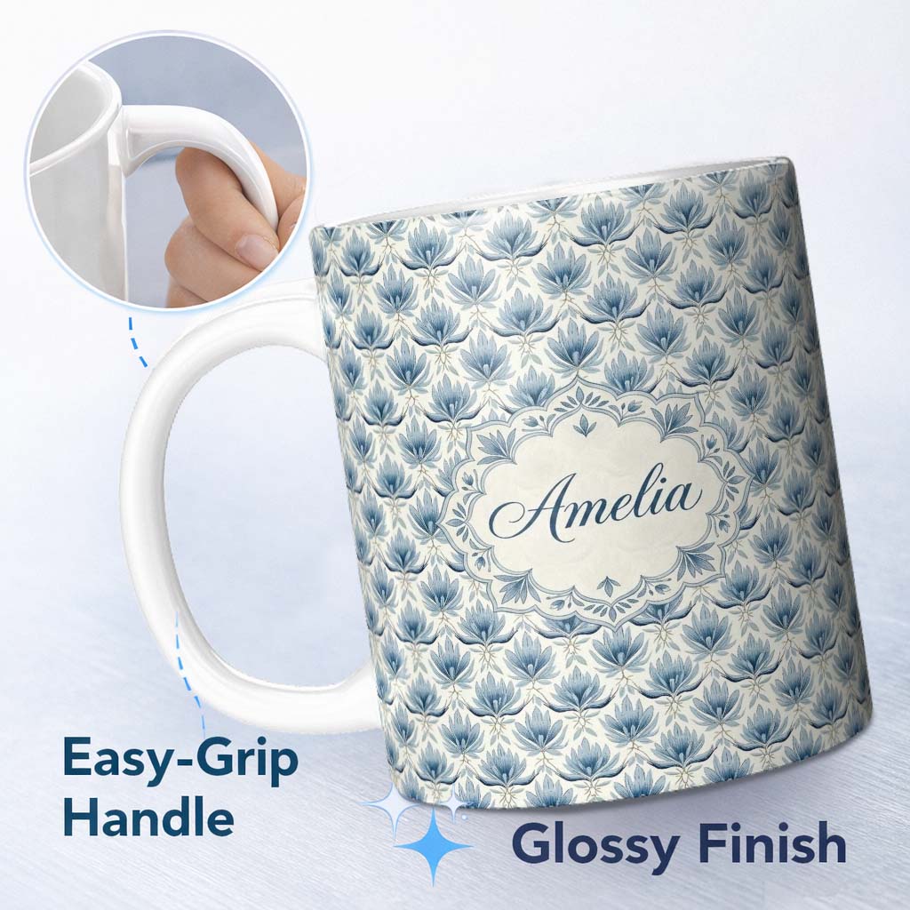 Personalized Custom Name Soft Blue Lotus Style Floral Repeat Seamless Pattern Lovely 11oz Ceramic Coffee Tea Mug White Large Handle