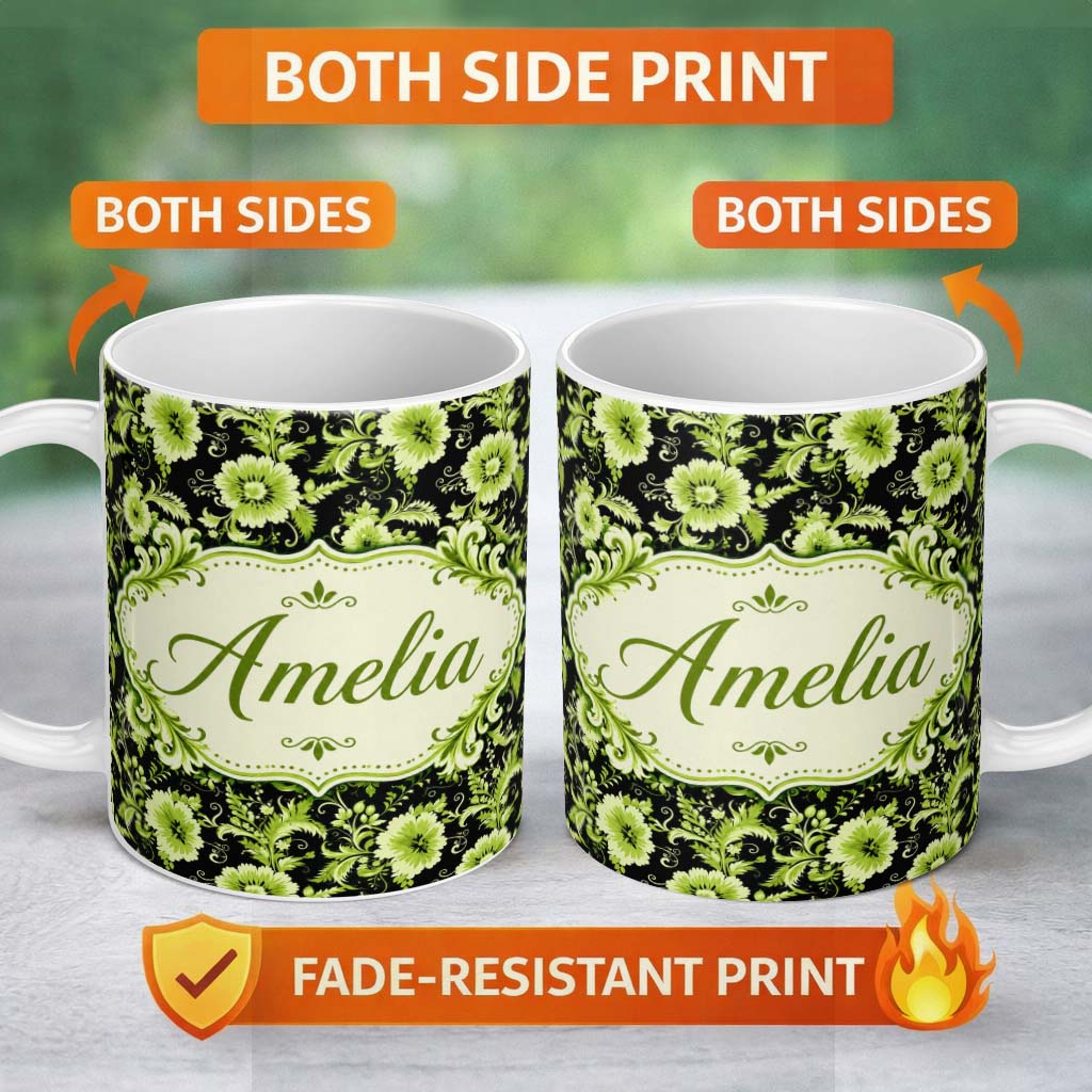 Personalized Custom Name Black Background Green Floral Botanical Seamless Pattern Lovely 11oz Ceramic Coffee Tea Mug White Large Handle