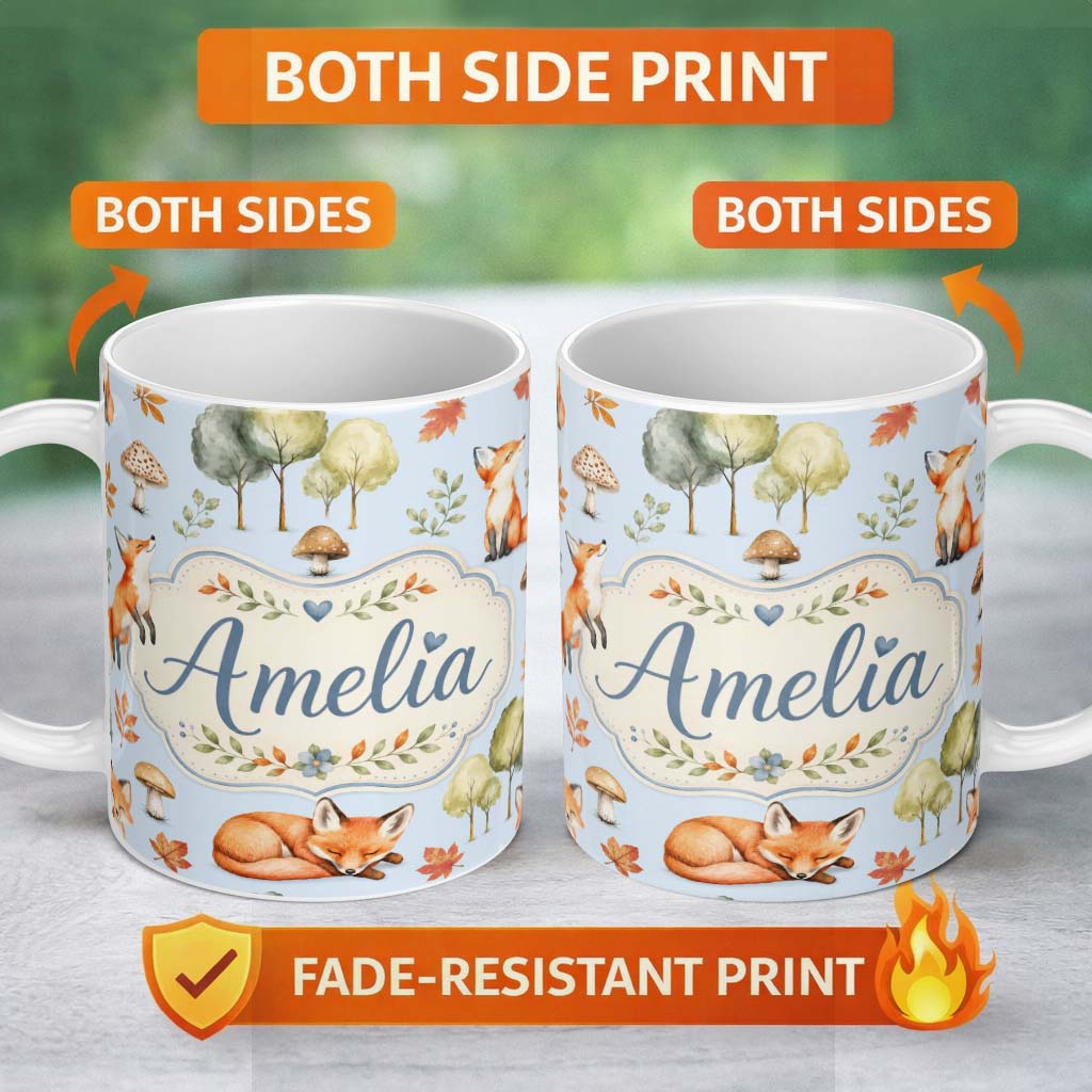 Personalized Custom Name Woodland Fox with Trees Leaves Mushrooms Soft Blue Seamless Pattern 11oz Ceramic Coffee Tea Mug White Large Handle