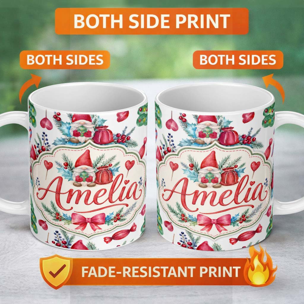 Personalized Custom Name Whimsical Christmas Gnome Tree Candy Sweet Holiday Seamless Pattern 11oz Ceramic Coffee Tea Mug White Large Handle