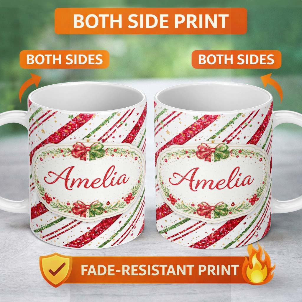 Personalized Custom Name Red Green Glitter Stripe Christmas Pattern Festive Seamless Design 11oz Ceramic Coffee Tea Mug White Large Handle