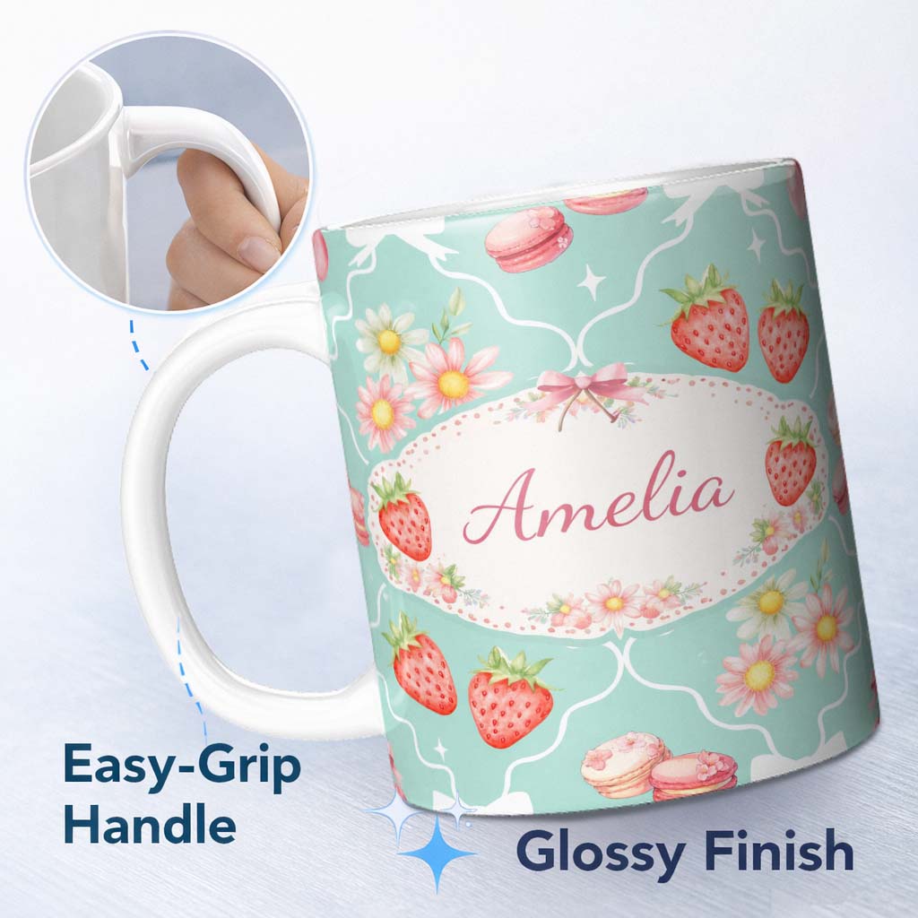 Personalized Custom Name Strawberry Cherry Daisy Seamless Pattern Teal Cute Coquette Floral 11oz Ceramic Coffee Tea Mug White Large Handle