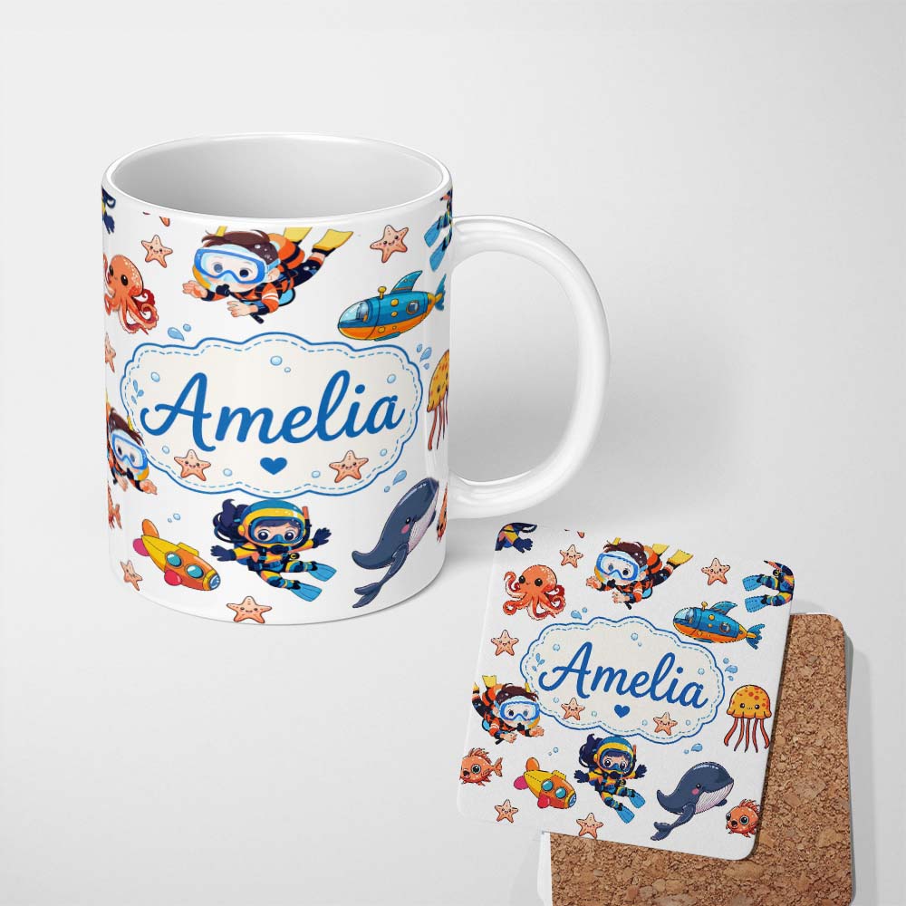 Personalized Custom Name Underwater with Scuba Divers Starfish and Whale on Clean White 11oz Ceramic Coffee Tea Mug White Large Handle