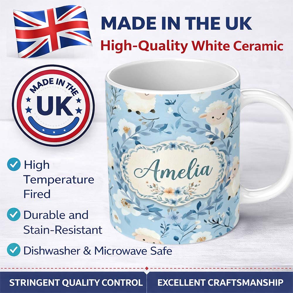 Personalized Custom Name Cute Baby Sheep Lambs with Blue Floral Background Seamless Pattern 11oz Ceramic Coffee Tea Mug White Large Handle