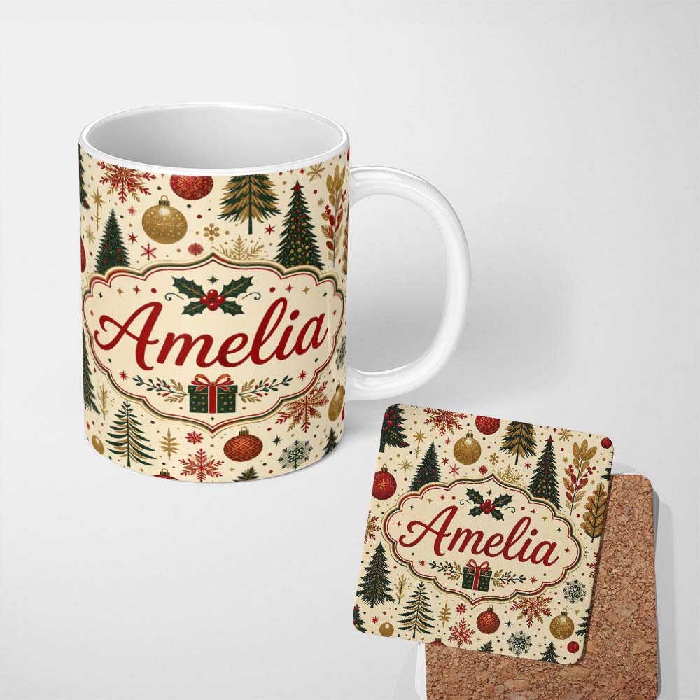Personalized Custom Name Elegant Christmas Tree Snowflake Bauble Festive Seamless Pattern 11oz Ceramic Coffee Tea Mug White Large Handle