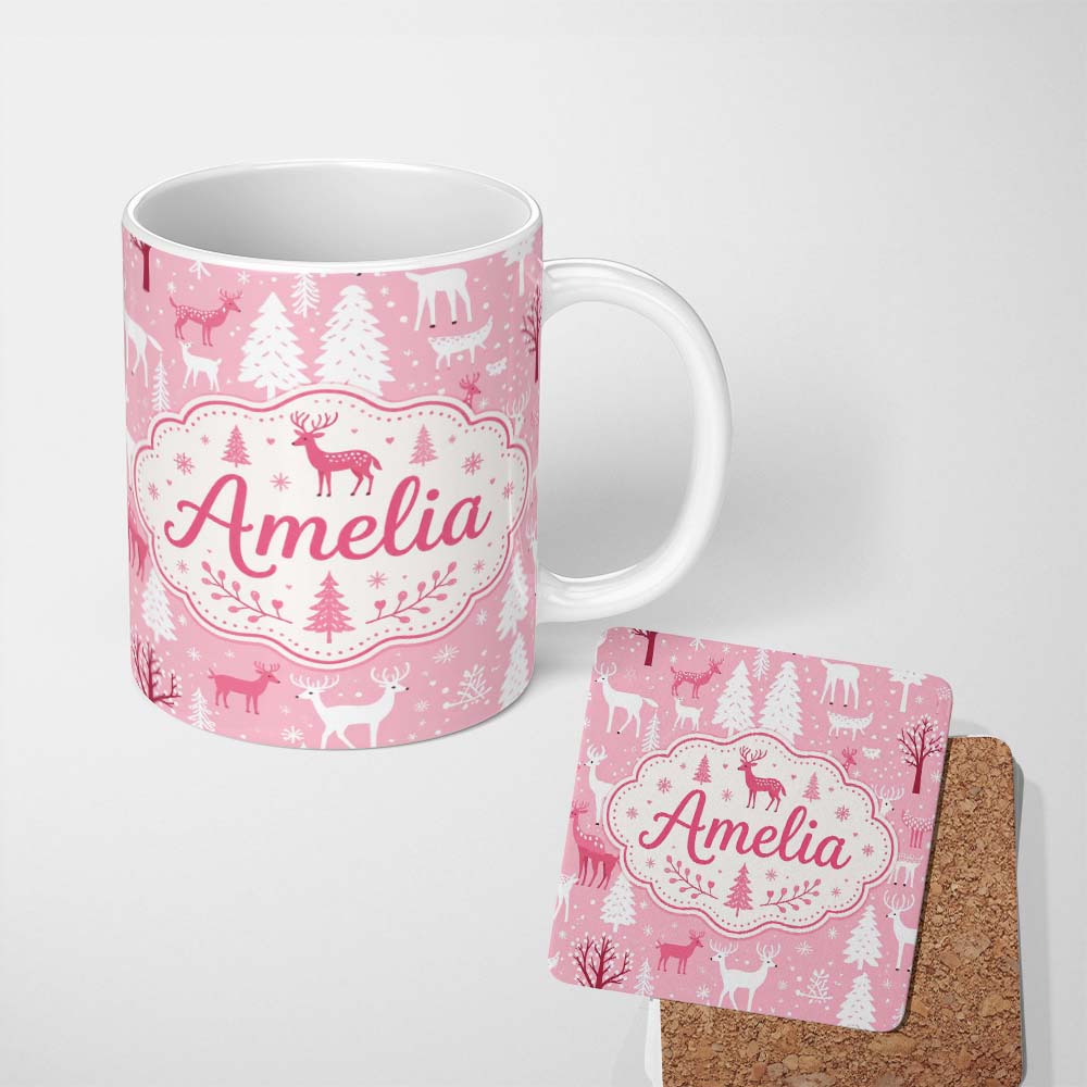 Personalized Custom Name Cute Pink Winter Forest Deer Tree Seamless Pattern Cute Unique Gift 11oz Ceramic Coffee Tea Mug White Large Handle