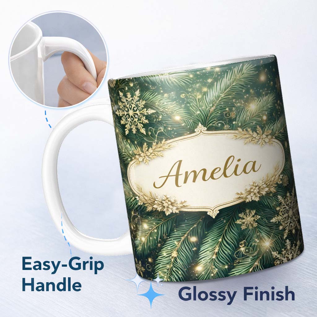Personalized Custom Name Festive Green Pine and Snowflake Decorative Seamless Pattern Lovely 11oz Ceramic Coffee Tea Mug White Large Handle