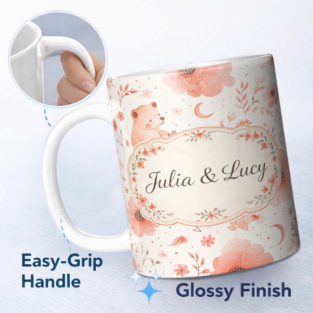 Personalized Custom Name Cute Teddy Bear Floral Nursery Pattern Soft Watercolour Illustration 11oz Ceramic Coffee Tea Mug White Large Handle