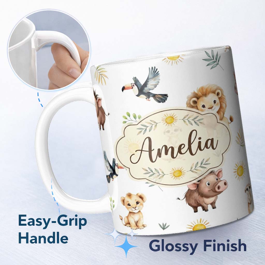 Personalized Custom Name Cute Safari Animals Lion Meerkat Toucan and Warthog with Sun and 11oz Ceramic Coffee Tea Mug White Large Handle