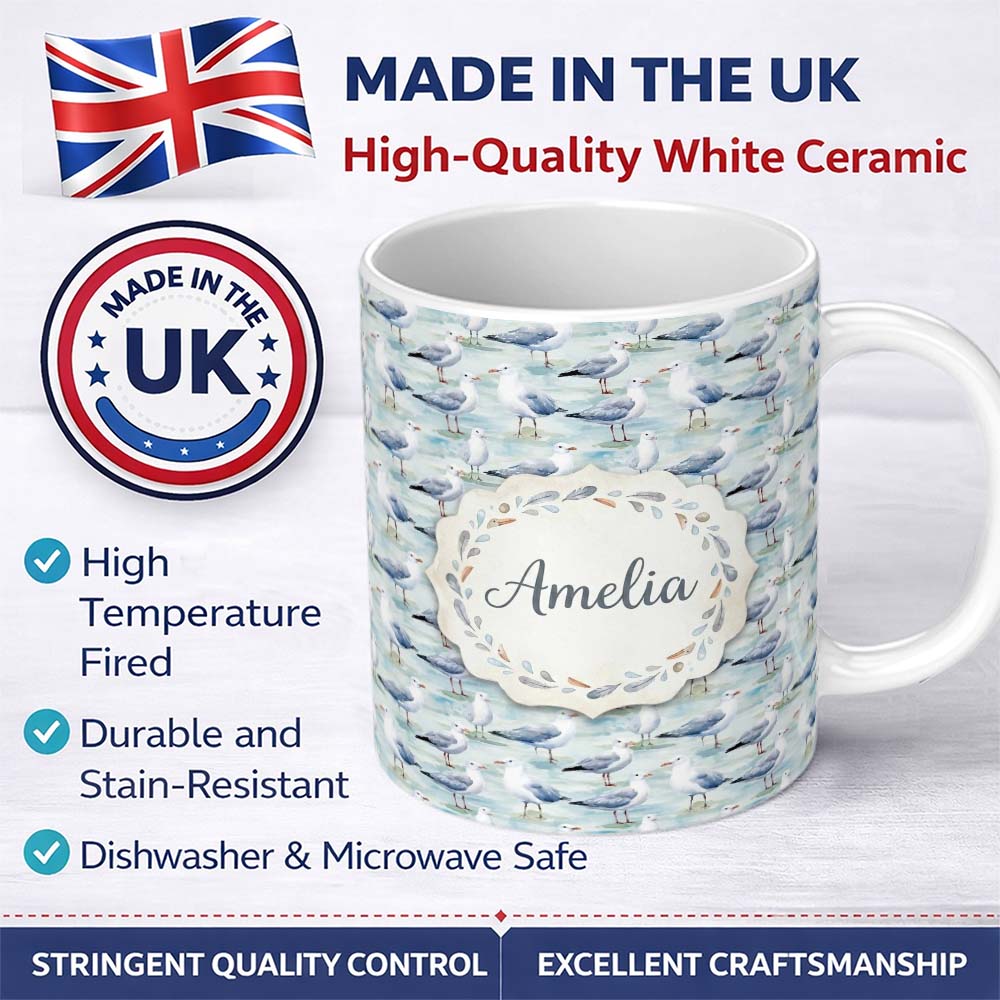 Personalized Custom Name Soft Watercolor Seagulls Standing on Shore Seamless Pattern Lovely 11oz Ceramic Coffee Tea Mug White Large Handle