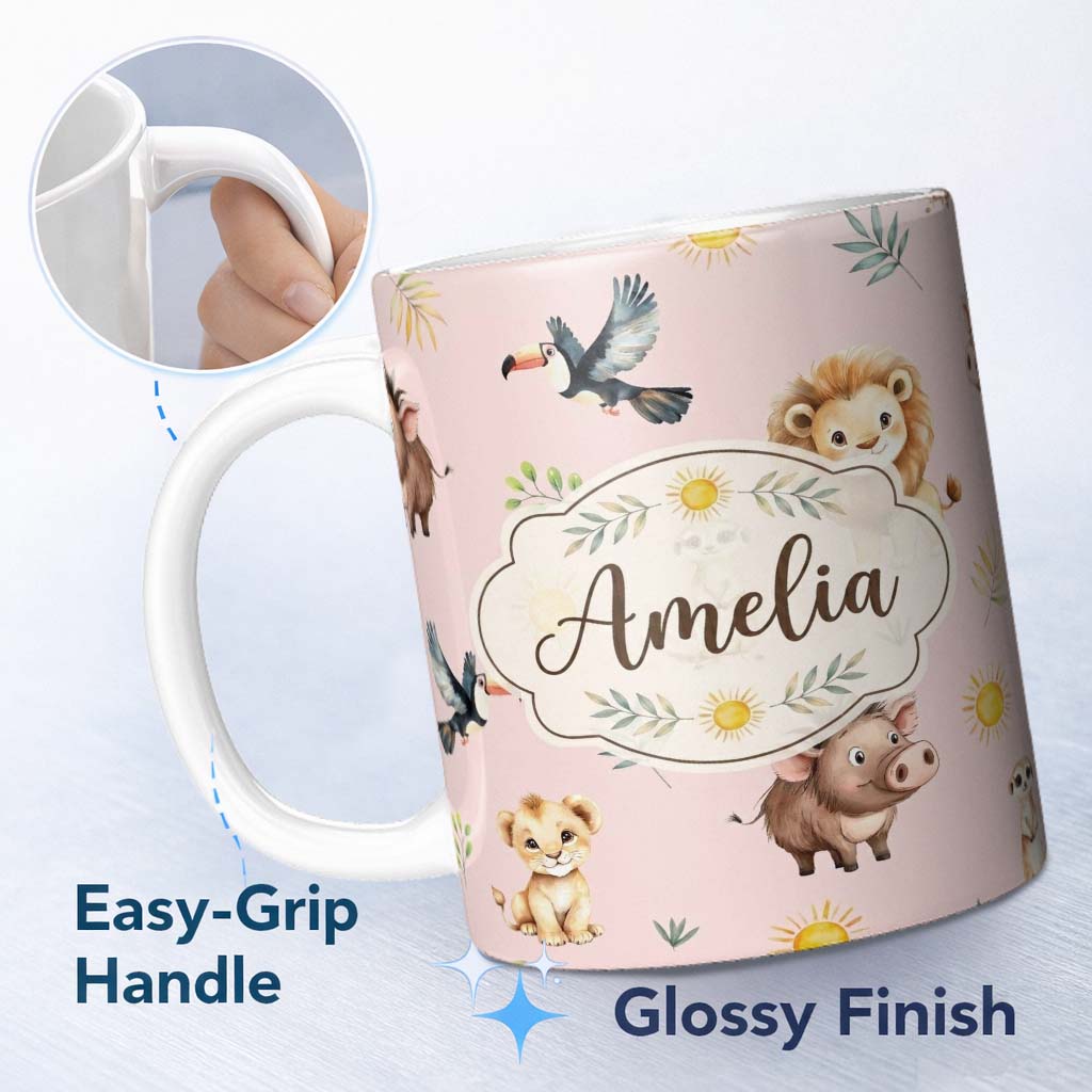 Personalized Custom Name Cute Safari Animals Lion Meerkat, Warthog with Sun and Leaves on 11oz Ceramic Coffee Tea Mug White Large Handle