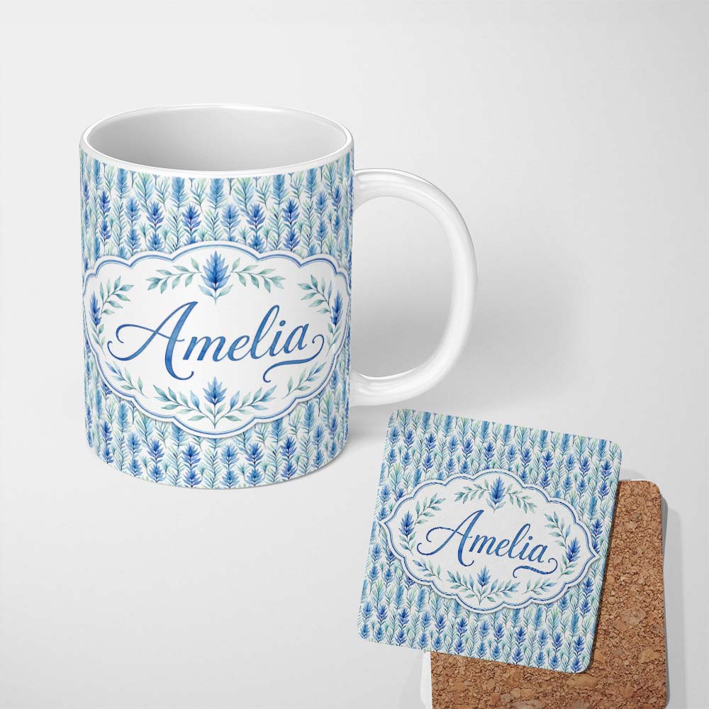 Personalized Custom Name Blue and Green Leaf Watercolor Botanical Seamless Pattern Lovely 11oz Ceramic Coffee Tea Mug White Large Handle