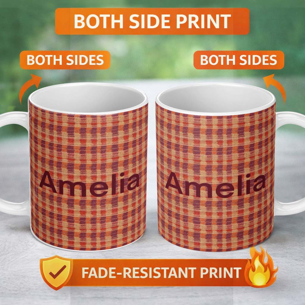 Personalized Custom Name Warm Earth Tone Woven Stripe Textile Seamless Pattern Lovely 11oz Ceramic Coffee Tea Mug White Large Handle